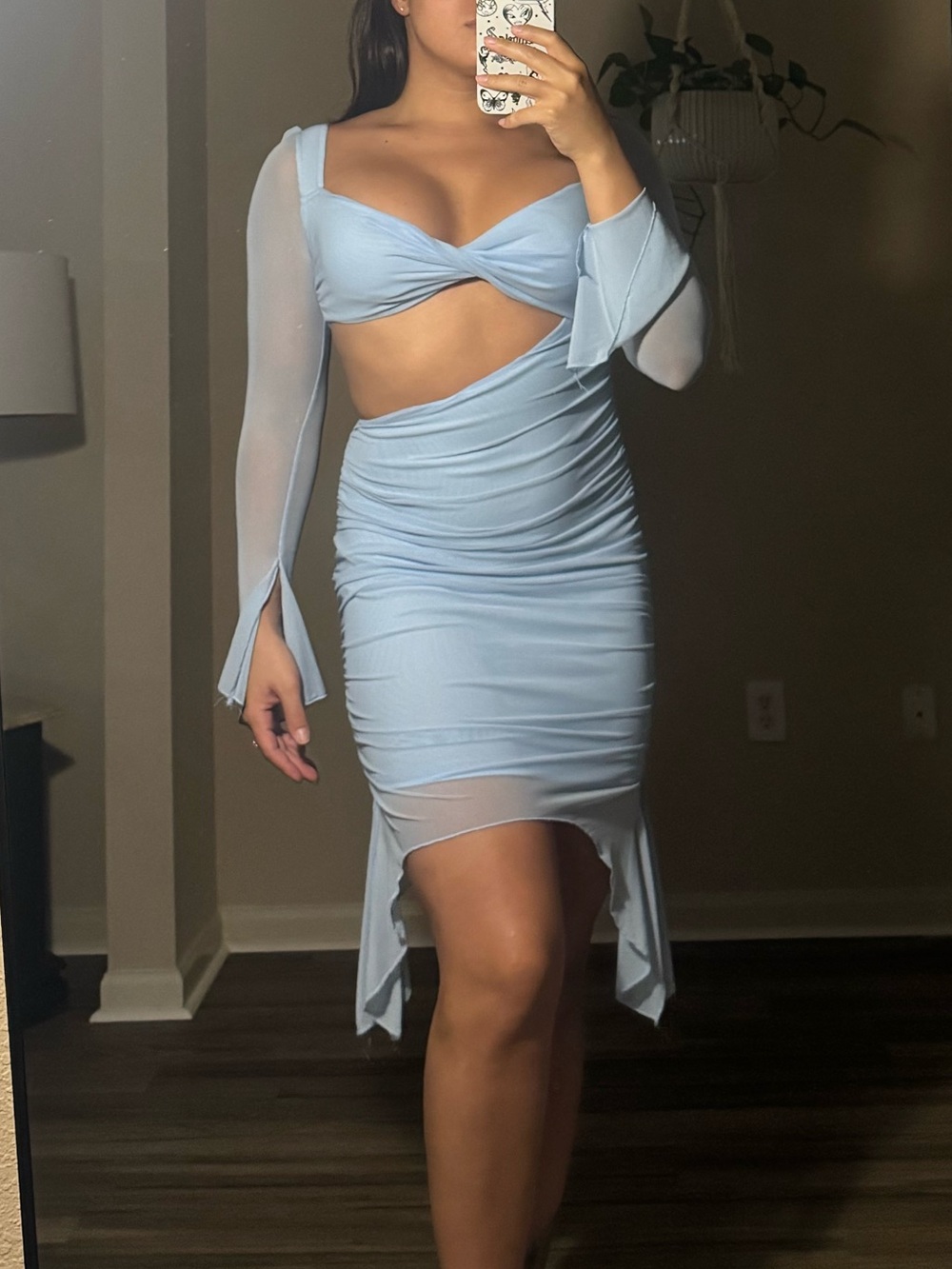 Light Blue Cutout Ruched Midi Dress